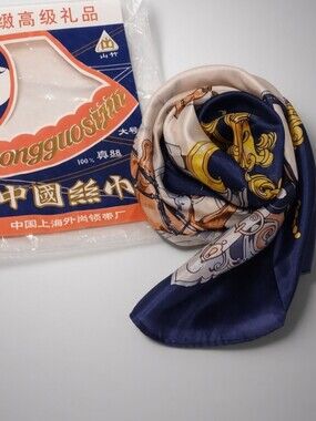 VTG 100% Silk Equestrian Scarf Horse Carriage Classic Navy Gold Deadstock NIP